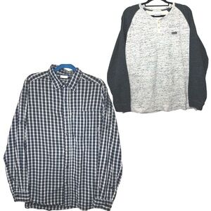Columbia Lot 2 Men Button up Shirt Sz M & Henley Shirt Sz L Plaid Black Tan Gray